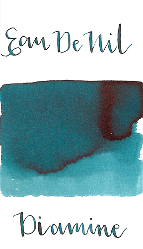Diamine Eau de Nil is a dark teal fountain pen ink with medium shading and low black sheen.