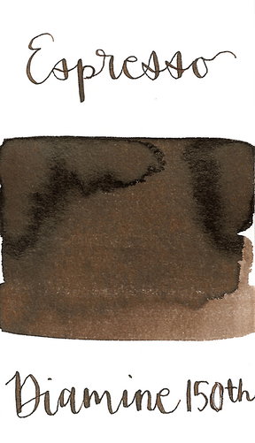 Diamine Espresso is a medium, cool-tone brown fountain pen ink with low shading and medium black sheen.