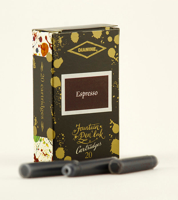 Diamine Espresso fountain pen ink is available in a pack of 20 standard international cartridges