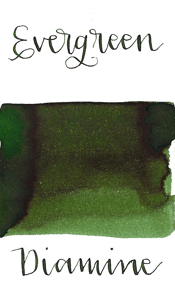 Diamine Evergreen is a dark green fountain pen ink with medium shading medium black sheen.