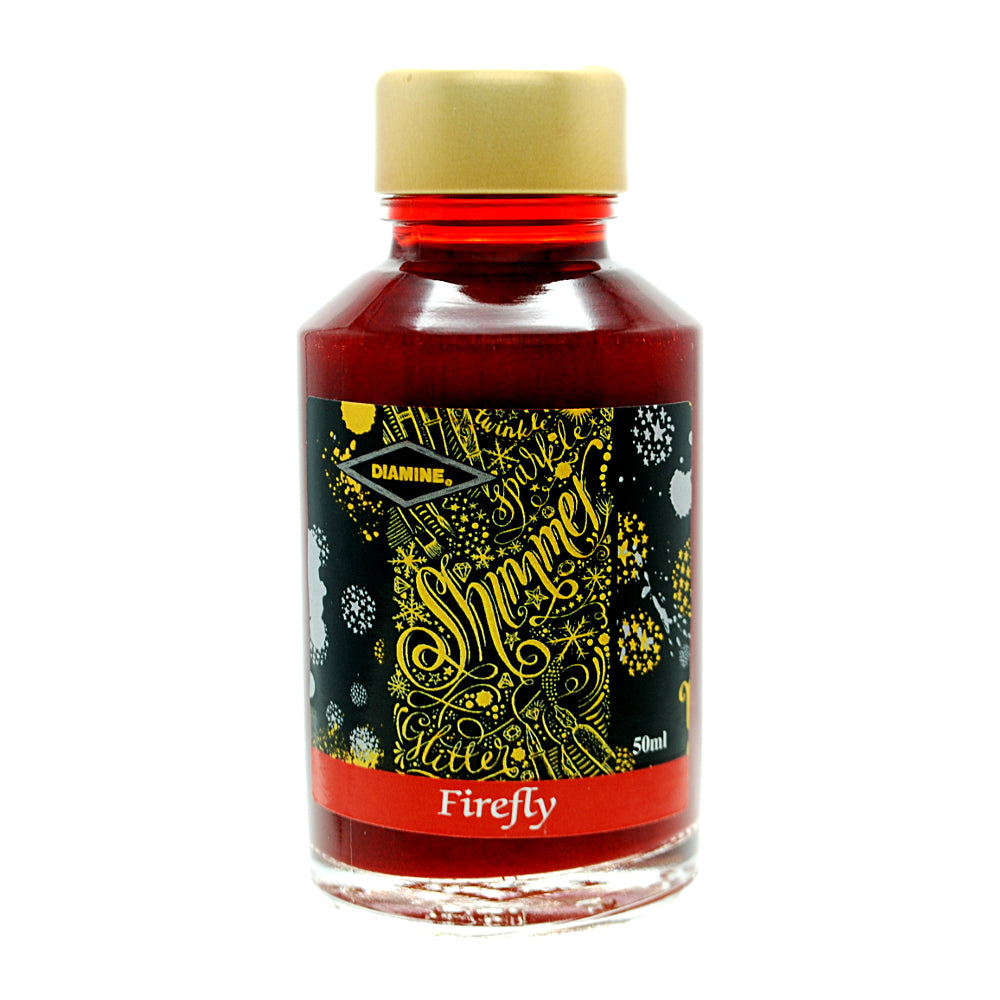 Diamine Shimmertastic Firefly fountain pen ink is available in a 50ml glass bottle.