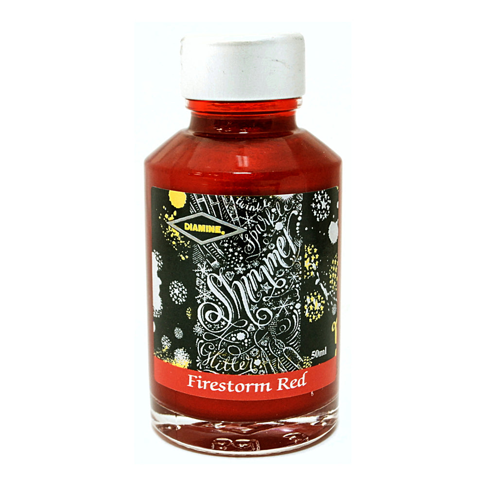 Diamine Shimmertastic Firestorm Red fountain pen ink is available in a 50ml glass bottle.