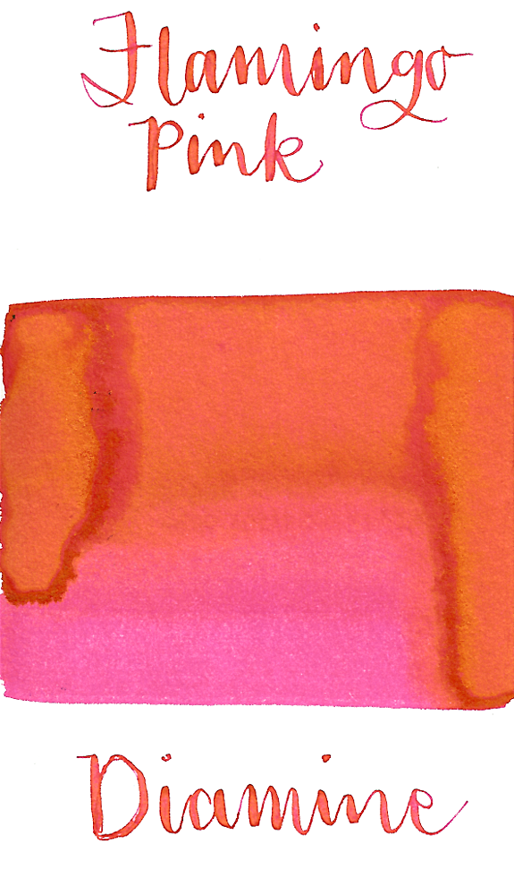 Diamine Flamingo Pink is a vibrant summery pink fountain pen ink with a pop of gold sheen, especially in large swabs.