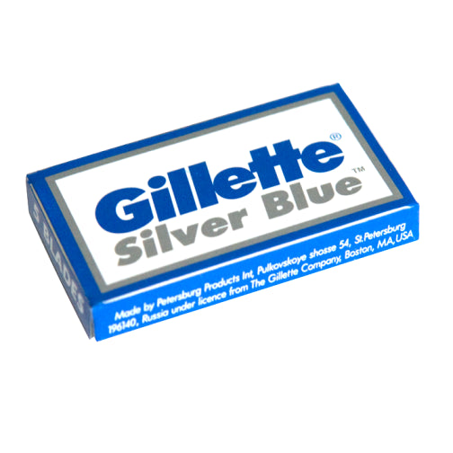 Gillette Silver Blue Double Edge Safety Razor Blades.  Fits most standard double edge safety razors. 5 blades per pack. Made in Russia.
