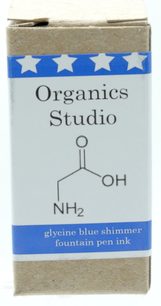 Glycine&nbsp;blue shimmer fountain pen ink is a deep rich saturated blue with shiny&nbsp;light blue shimmer.