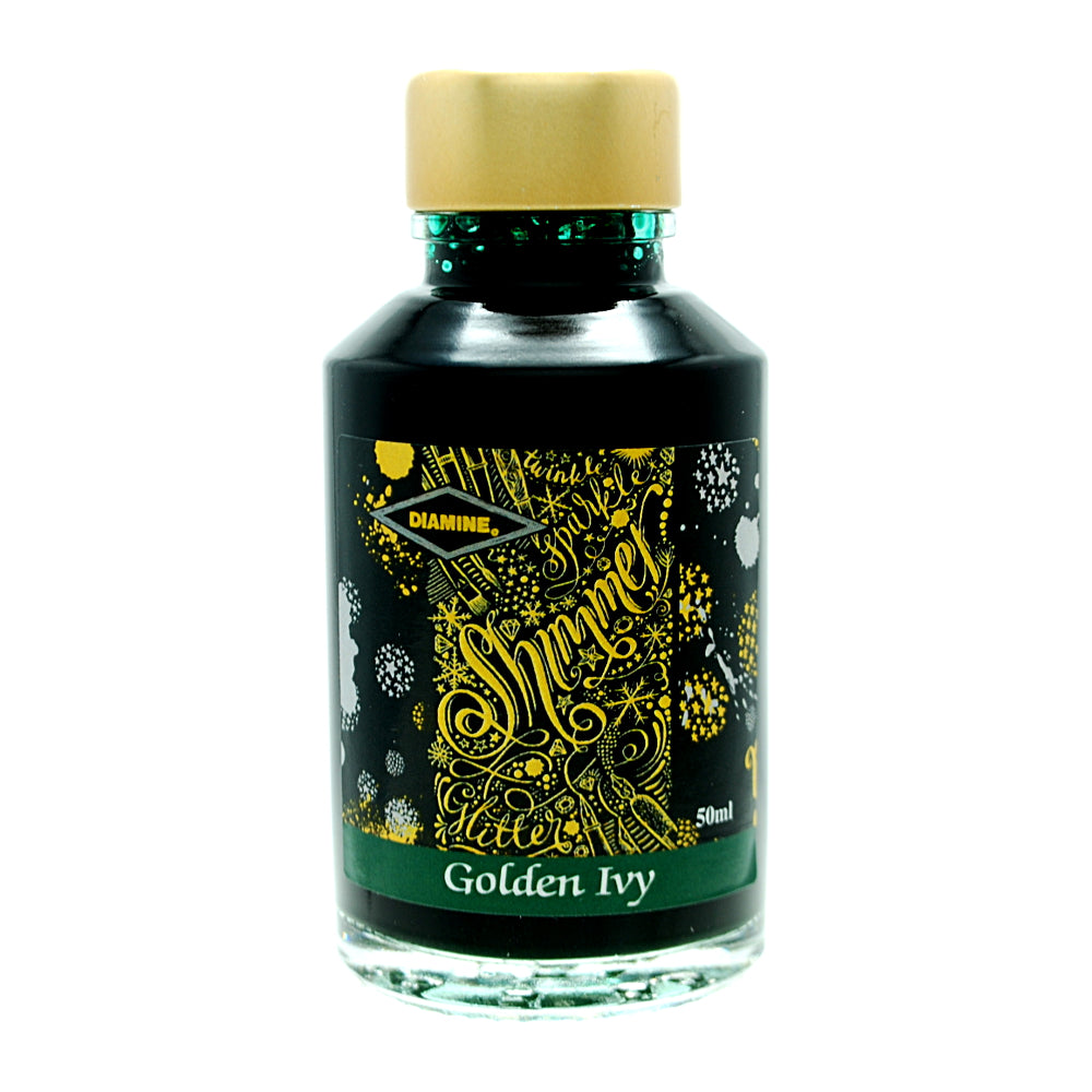 Diamine Shimmertastic Golden Ivy fountain pen ink is available in a 50ml glass bottle.