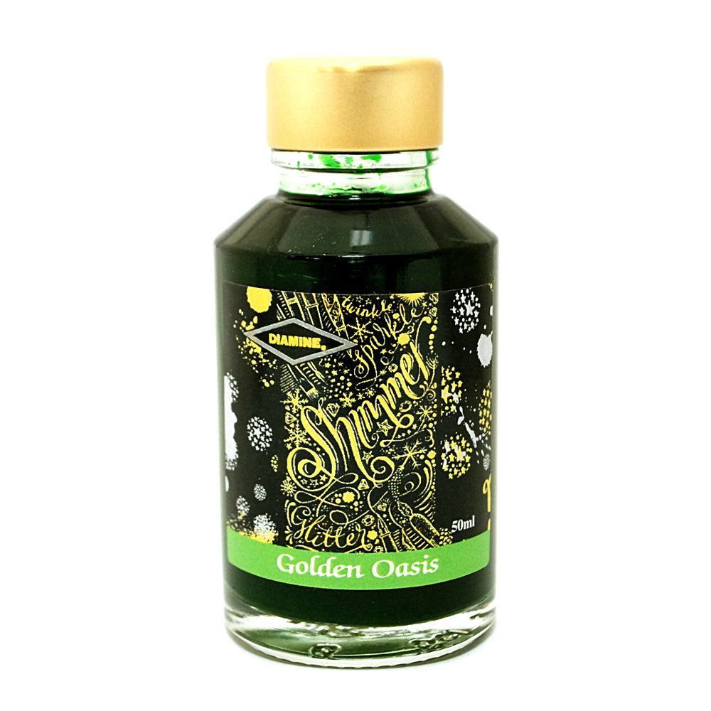 Diamine Shimmertastic Golden Oasis fountain pen ink is available in a 50ml glass bottle.