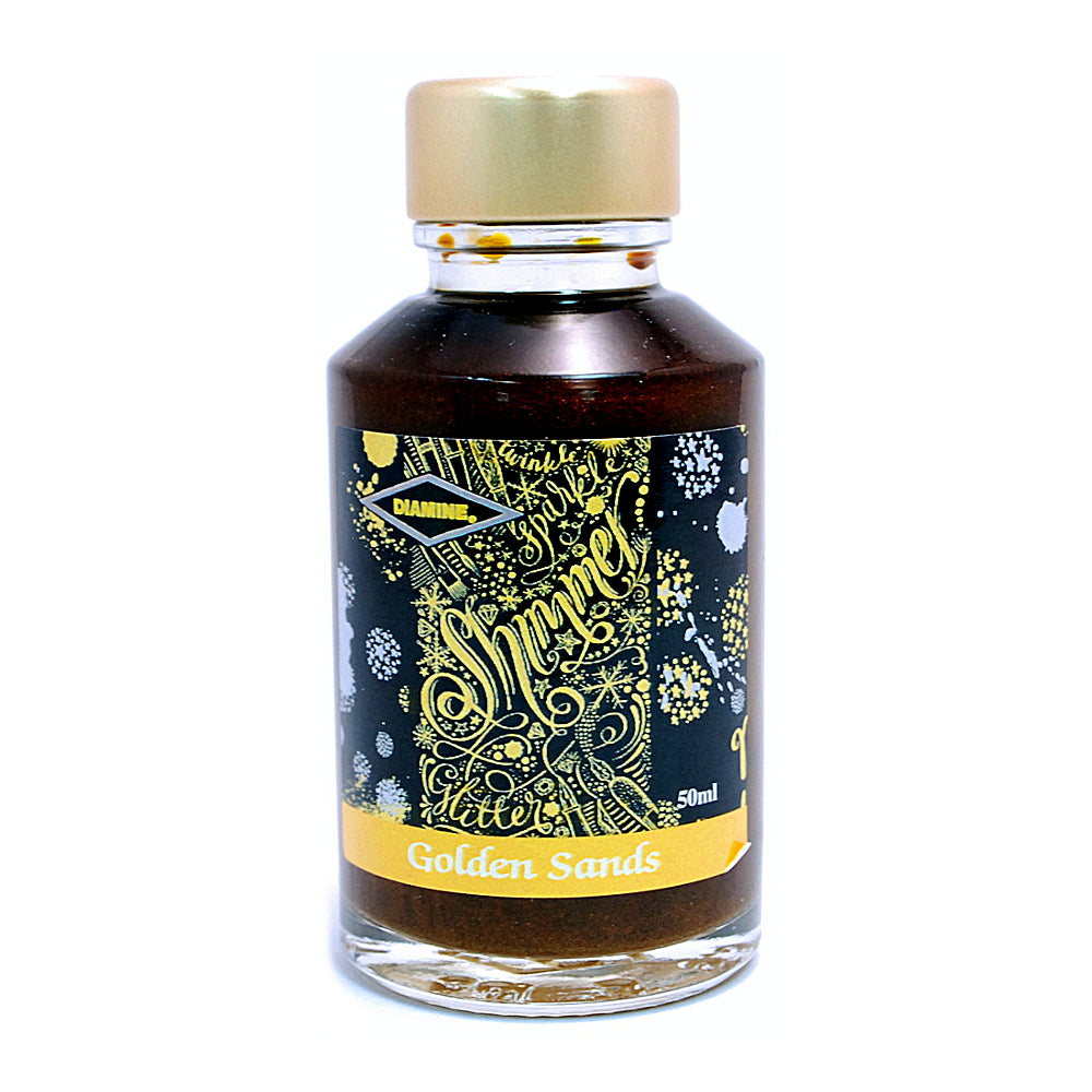 Diamine Shimmertastic Golden Sands fountain pen ink is available in a 50ml glass bottle.