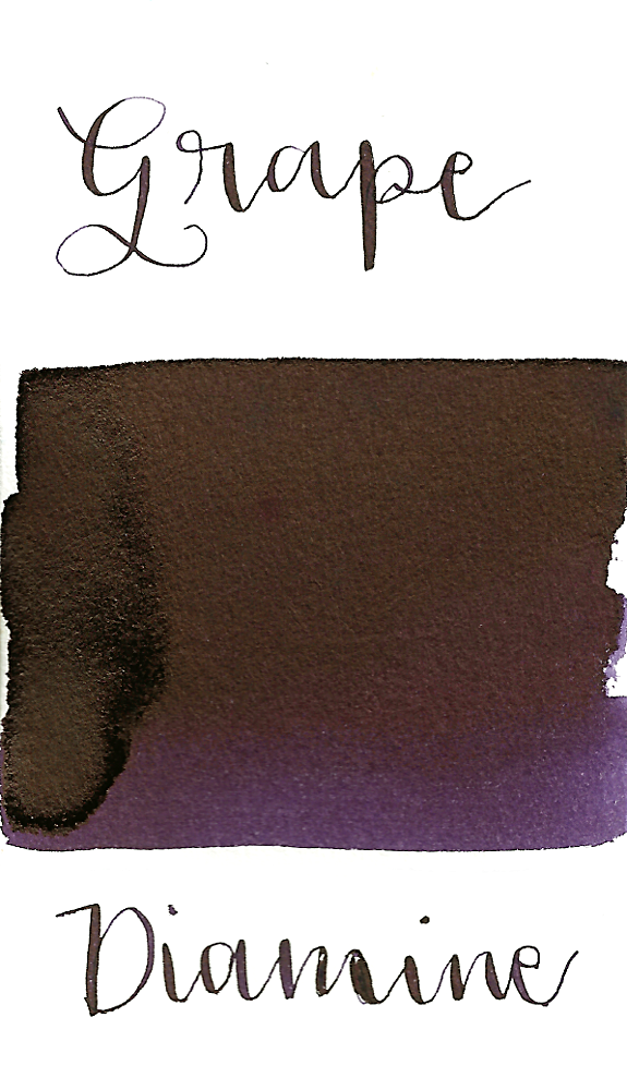 Diamine Grape is a dark purple fountain pen ink with medium shading and medium gold sheen.
