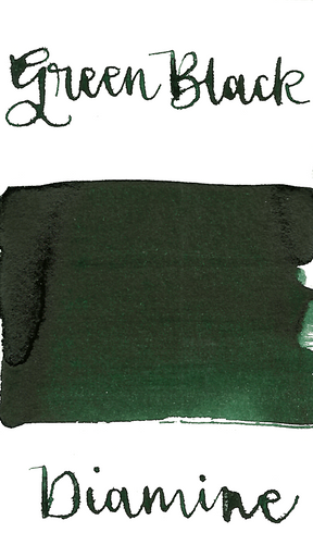 Diamine Green Black is a dark saturated green fountain pen ink with low shading and medium black sheen.