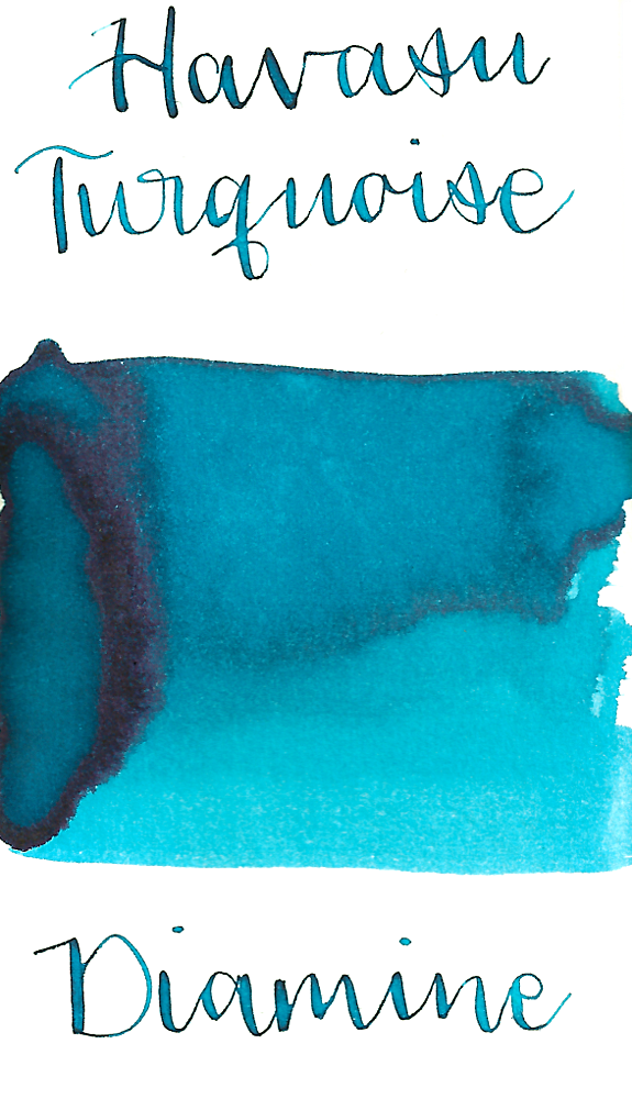Diamine Havasu Turquoise is a bright turquoise-blue fountain pen ink with medium shading and pink sheen in large swabs.
