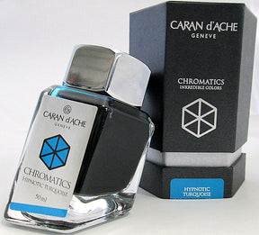 Turquoise fountain pen ink from Caran d'Ache, made in Switzerland.  Not waterproof Available in 50ml bottle, 6-pack of standard international cartridges, or 4ml sample