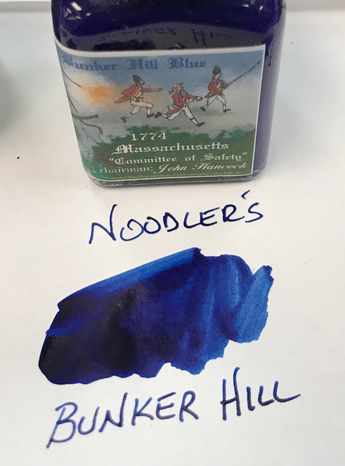 NOT for use with fountain pens  4.5oz bottle of blue bulletproof ink from Noodler's, made in USA.  A water based bonded ink without any alcohol solvents - nor any gum arabic!  Bonded inks once dry, will resist smearing when covered by watercolors and many other aqueous media.  Shake the bottle for the Patriots and the Hessians will behave obediently in their water column.