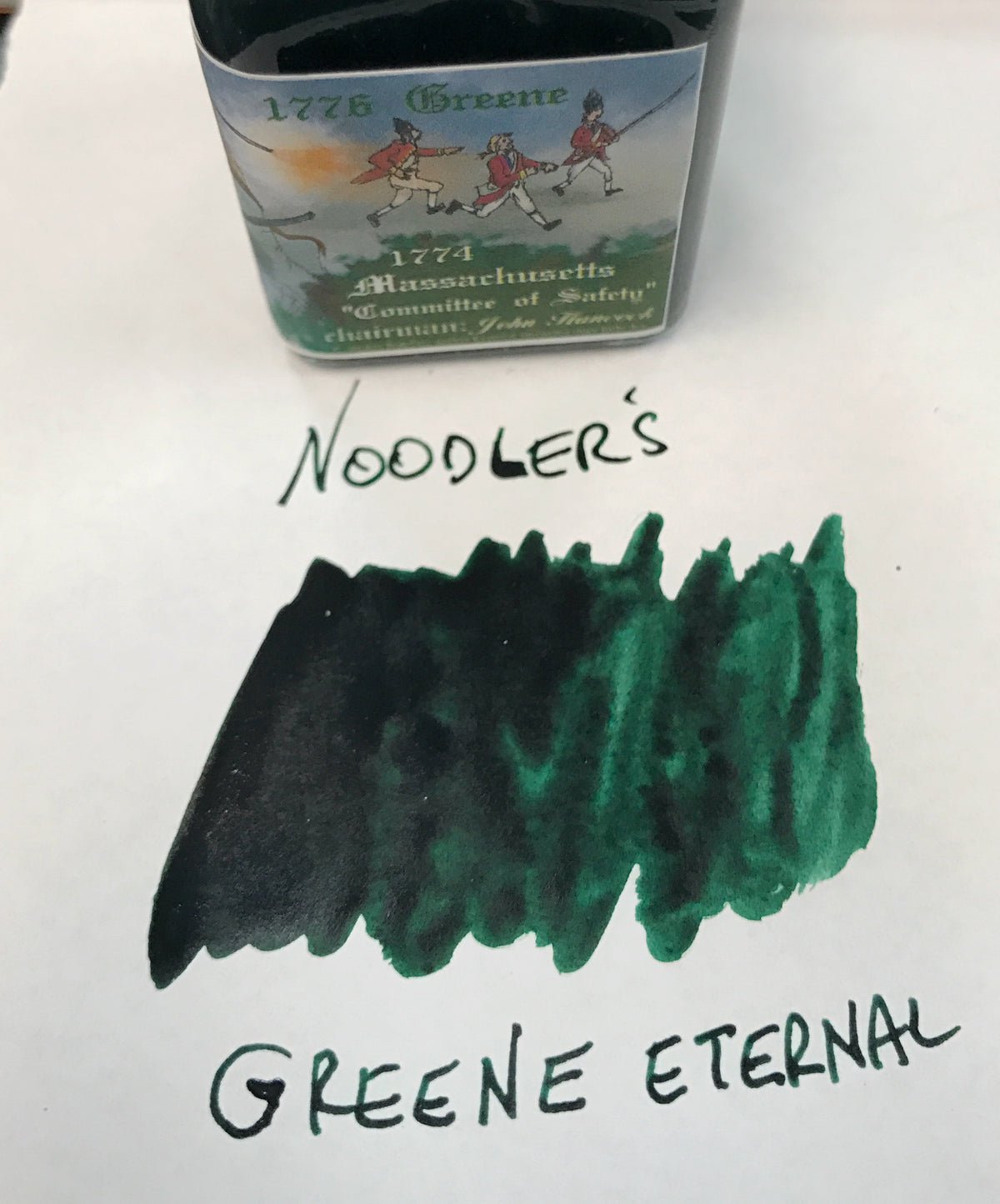 NOT for use with fountain pens.  4.5oz bottle of green bulletproof ink from Noodler's, made in USA.  A water based bonded ink without any alcohol solvents - nor any gum arabic!  Bonded inks once dry, will resist smearing when covered by watercolors and many other aqueous media.  Shake the bottle for the Patriots and the Hessians will behave obediently in their water column.