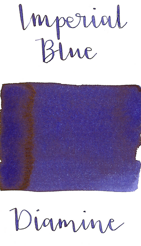 Diamine Imperial Blue is a deep royal blue fountain pen ink with medium shading and medium gold sheen. 
