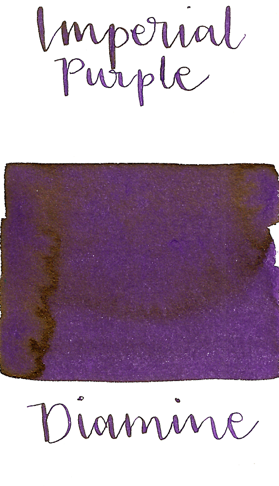 Diamine Imperial Purple is a rich, warm purple fountain pen ink with low shading and medium gold sheen.