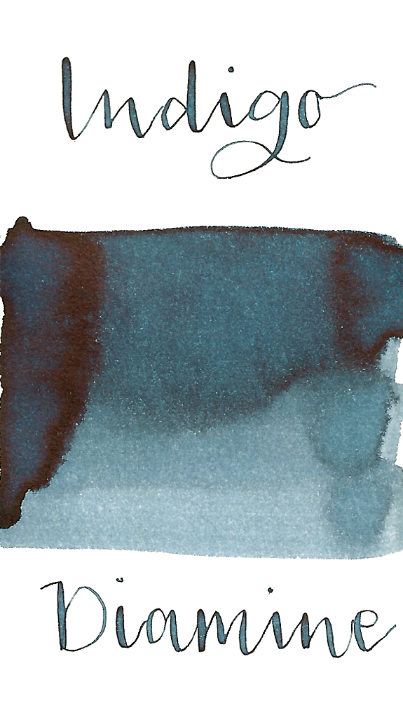 Diamine Indigo is a desaturated blue-black fountain pen ink with low shading and black sheen in large swabs.