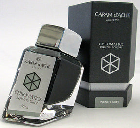 Grey fountain pen ink from Caran d'Ache, made in Switzerland.  Not waterproof Available in 50ml bottle, 6-pack of standard international cartridges, or 4ml sample