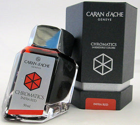 Red fountain pen ink from Caran d'Ache, made in Switzerland.  Not waterproof Available in 50ml bottle, 6-pack of standard international cartridges, or 4ml sample