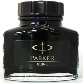 lack fountain pen ink from Parker Pen Company, made in France.  Medium flow. Very well behaved, safe for any pen, including vintage.