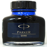 Blue black fountain pen ink from Parker Pen Company, made in France.  Medium flow. Very well behaved, safe for any pen, including vintage.
