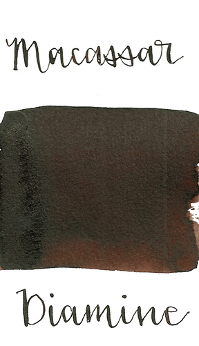 Diamine Macassar is a dark, saturated brown fountain pen ink with low shading and low black sheen.
