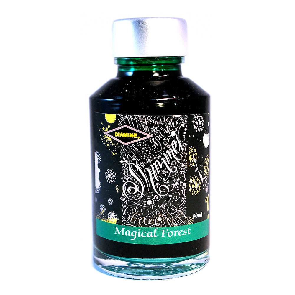 Diamine Shimmertastic Magical Forest fountain pen ink is available in a 50ml glass bottle.