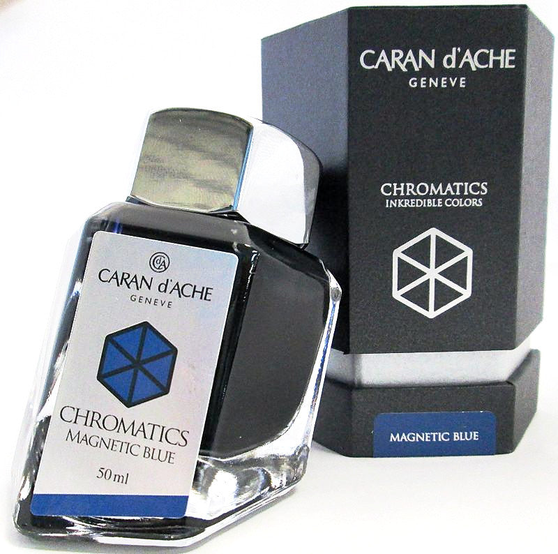 Blue-Black fountain pen ink from Caran d'Ache, made in Switzerland.  Not waterproof Available in 50ml bottle, 6-pack of standard international cartridges, or 4ml sample