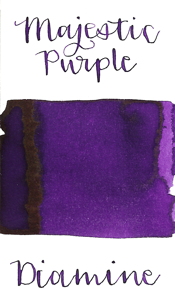 Diamine Majestic Purple is a pretty, dark purple fountain pen ink with low shading and slight gold sheen, especially in large swabs.