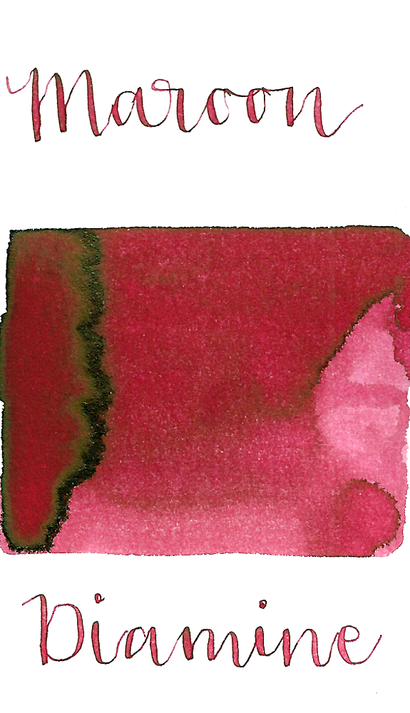 Diamine Maroon is a desaturated red fountain pen ink with a pop of black sheen in large swabs.