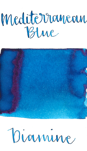 Diamine Mediterranean Blue is a medium summery blue fountain pen ink with low shading and a pop of red sheen, especially in large swabs.