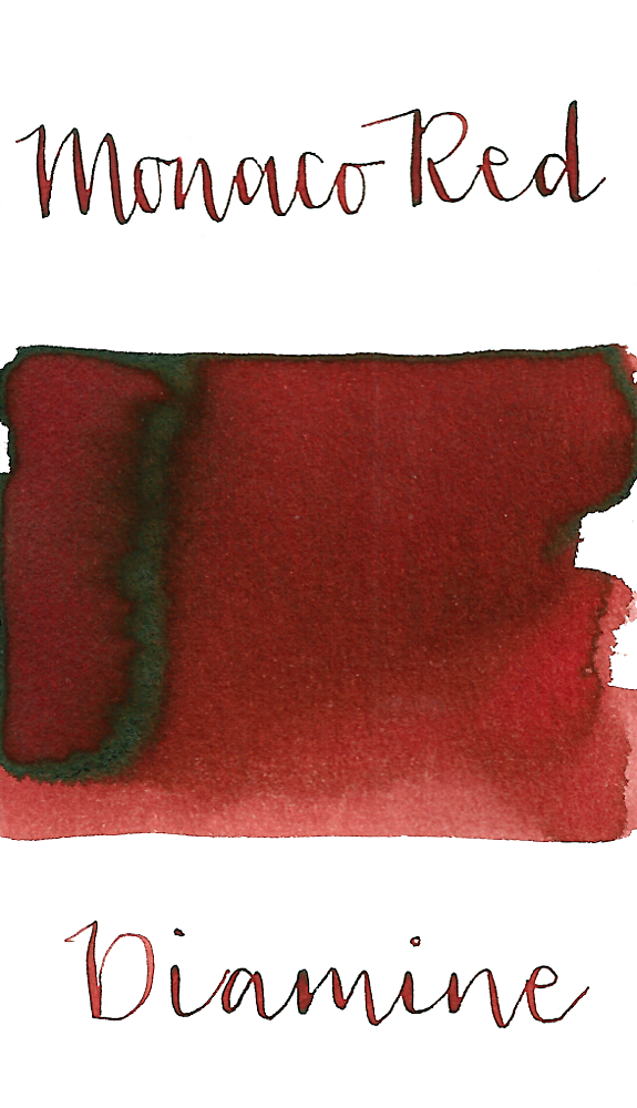 Diamine Monaco Red is a dark muted red fountain pen ink with low shading and black sheen, especially in large swabs.