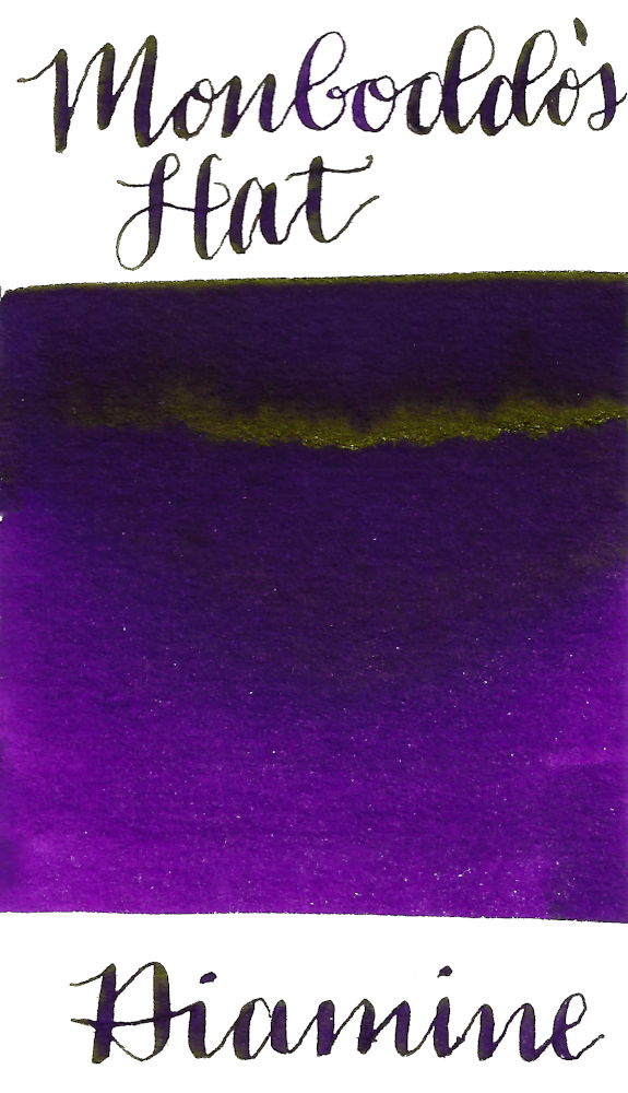 Diamine Monboddos Hat is a medium velvety purple fountain pen ink with low shading and low gold sheen