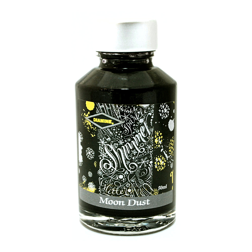 Diamine Shimmertastic Moon Dust fountain pen ink is available in a 50ml glass bottle.