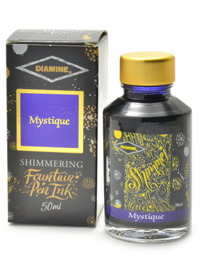 Diamine Shimmertastic Mystique fountain pen ink is available in a 50ml glass bottle.