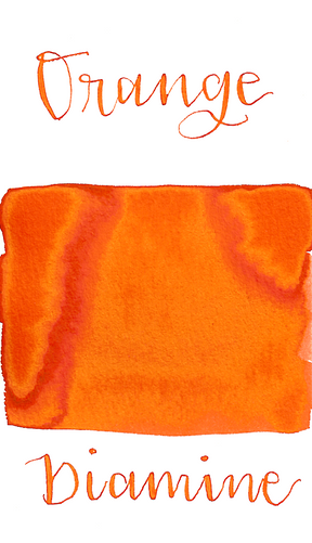 Diamine Orange is a bright orange fountain pen ink with a pop of gold sheen in large swabs only.