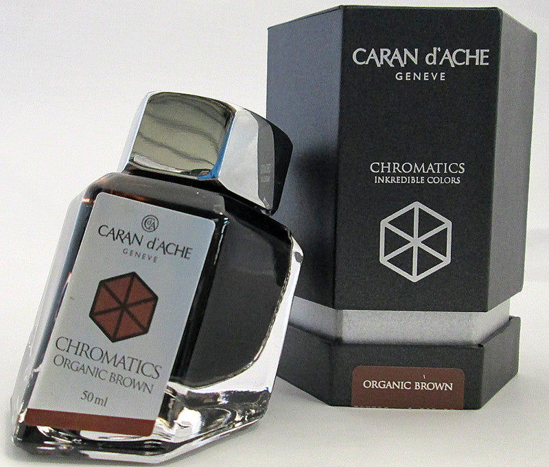 Brown fountain pen ink from Caran d'Ache, made in Switzerland.  Not waterproof Available in 50ml bottle, 6-pack of standard international cartridges, or 4ml sample