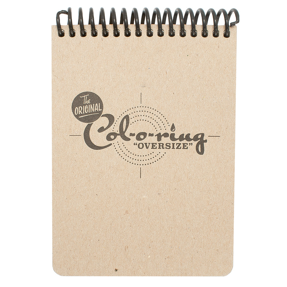 Each A6-sized Col-o-ring OVERSIZE contains:  4"x5.5" with die cut rounded corners  40 sheets of 100lb/160gsm Euuropean paper from a 400-year-old mill  Acid-free bright, natural white paper  Slightly toothy paper but not enough to catch even the sharpest dip nib  Sturdy chipboard covers letterpress printed with a crisp application of "afterburner" black  Durable plastic spiral ring, perfect for back pockets or backpacks.