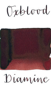 Diamine Oxblood is a deep, rich velvety red fountain pen ink with low green sheen.