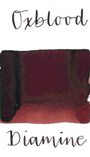 Diamine Oxblood is a deep, rich velvety red fountain pen ink with low green sheen.