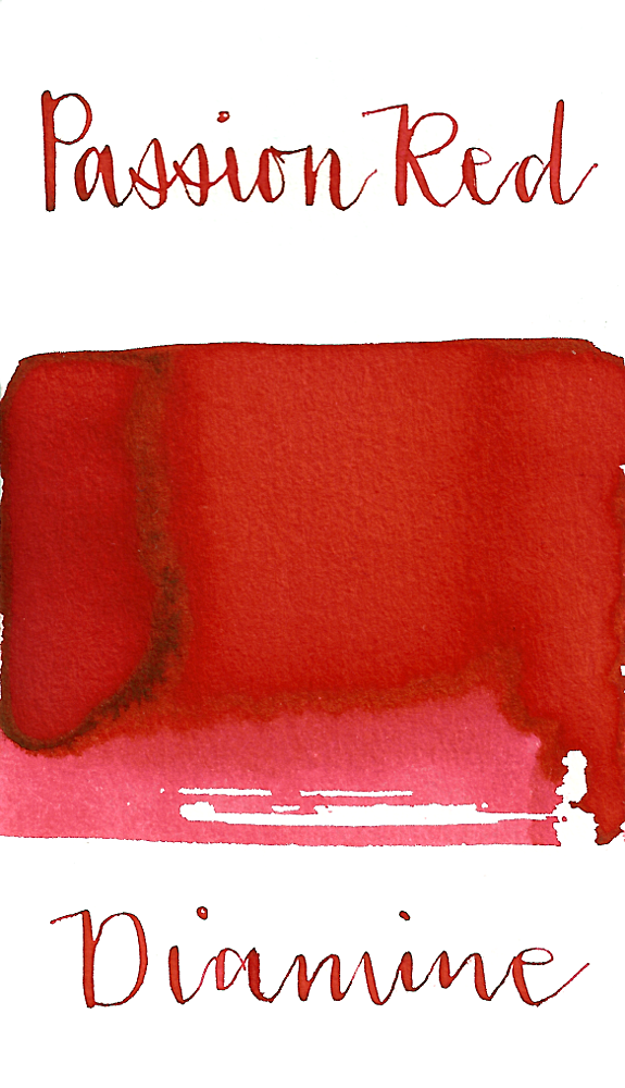 Diamine Passion Red is a mild red fountain pen ink with low shading.