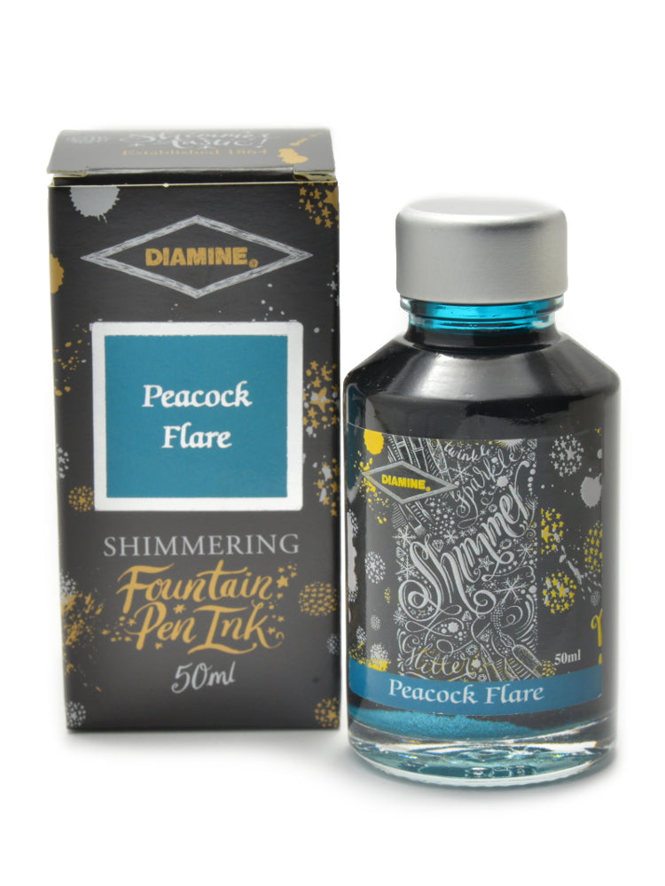 Diamine Shimmertastic Peacock Flare fountain pen ink is available in a 50ml glass bottle.