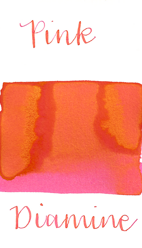 Diamine Pink is a bright summery pink fountain pen ink with a pop of gold sheen, especially in large swabs.