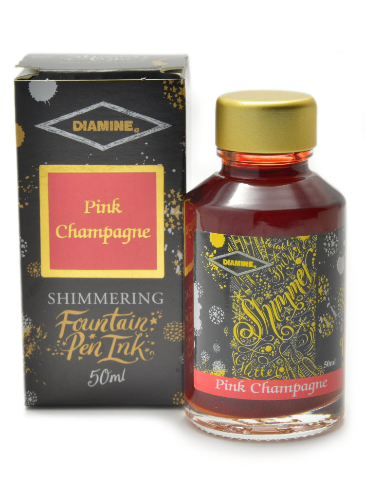 Diamine Shimmertastic Pink Champagne fountain pen ink is available in a 50ml glass bottle.