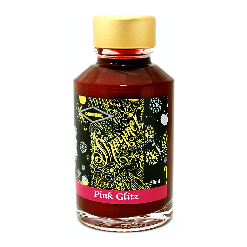 Diamine Shimmertastic Pink Glitz fountain pen ink is available in a 50ml glass bottle.