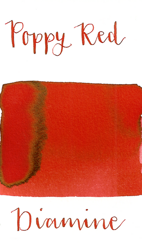 Diamine Poppy Red is a bright red fountain pen ink with low shading.