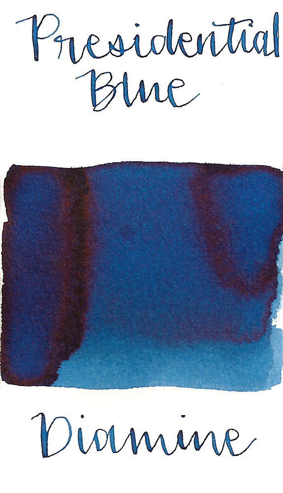 Diamine Presidential Blue is a medium dusky blue fountain pen ink with medium shading and low brown sheen.