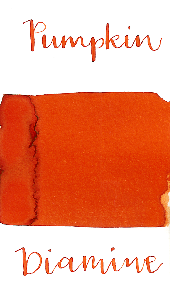 Diamine Pumpkin is a bright orange fountain pen ink with low shading and a pop of gold sheen in large swabs.