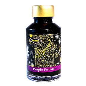 Diamine Shimmertastic Purple Pazzazz fountain pen ink is available in a 50ml glass bottle.