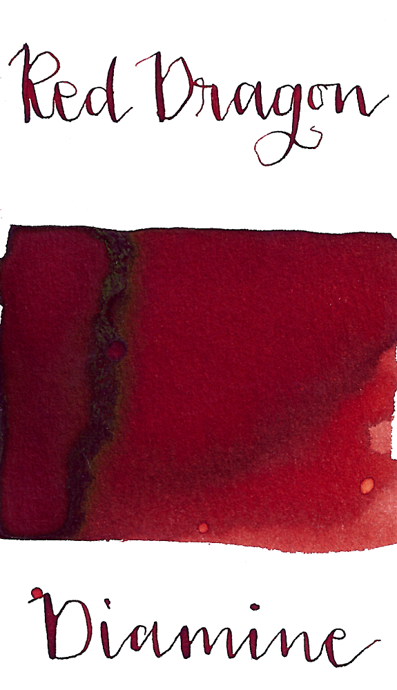Diamine Red Dragon is a dark, desaturated red fountain pen ink with low shading and low gold sheen.